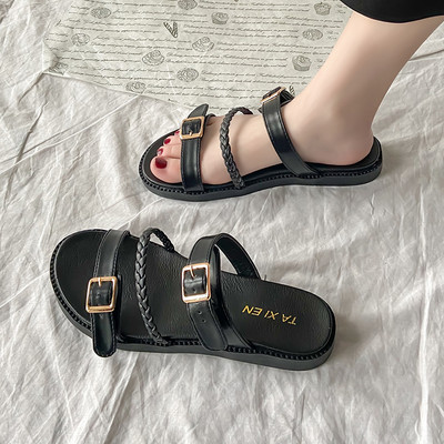 Papuci de dama cu catarama din imitatie de piele doua culori