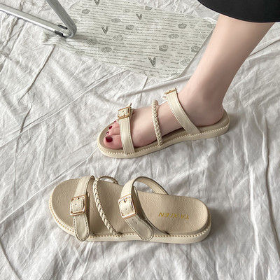 Papuci de dama cu catarama din imitatie de piele doua culori