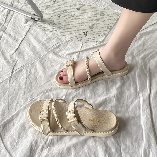 Papuci de dama cu catarama din imitatie de piele doua culori