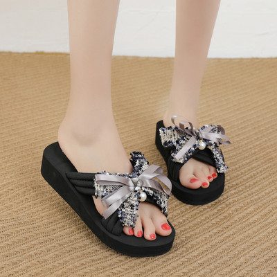 Papuci casual dama cu perle si panglica