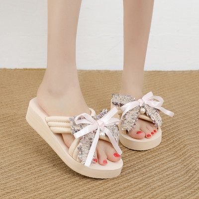 Papuci casual dama cu perle si panglica