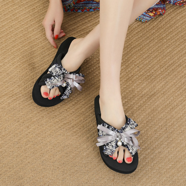 Papuci casual dama cu perle si panglica