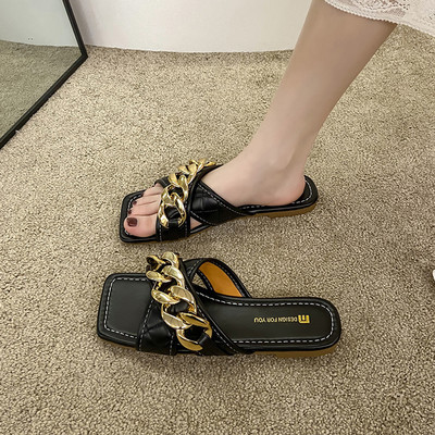 Papuci patrati dama din piele ecologica cu element metalic