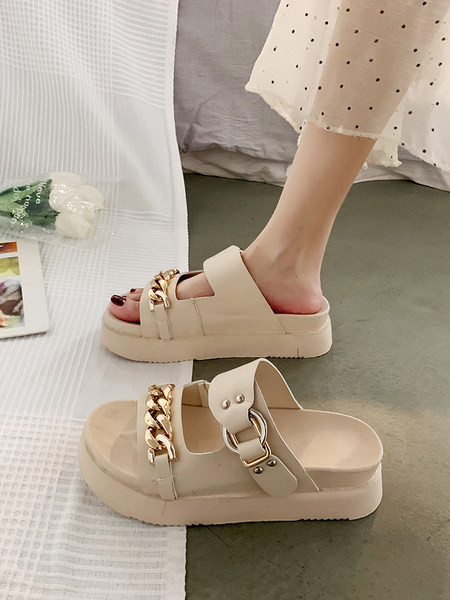 Papuci de dama din piele cu decor metalic in negru si bej