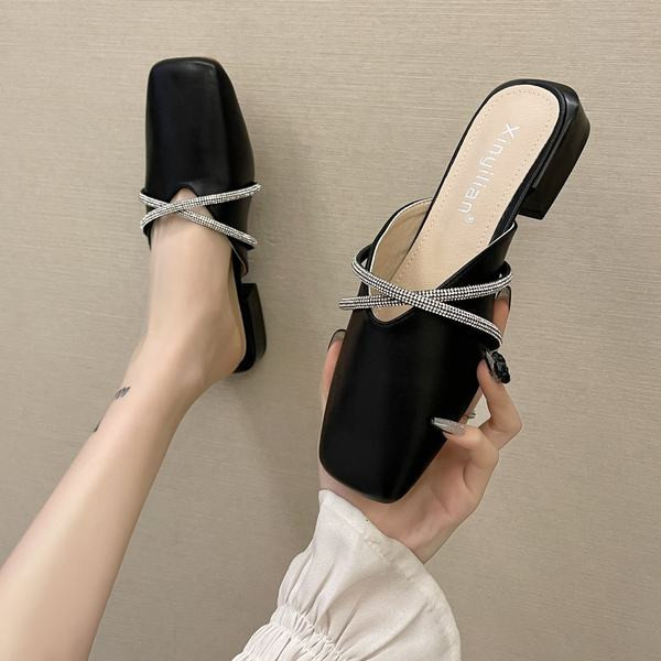 Papuci de dama din imitatie de piele cu pietre in doua culori