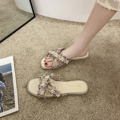 Ležerne ženske papuče s biserima i ukrasnim kamenčićima