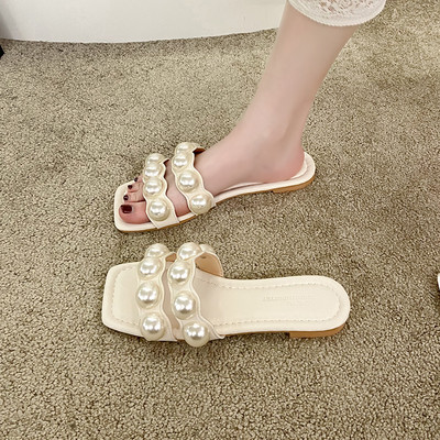 Papuci patrati dama cu perle din piele ecologica