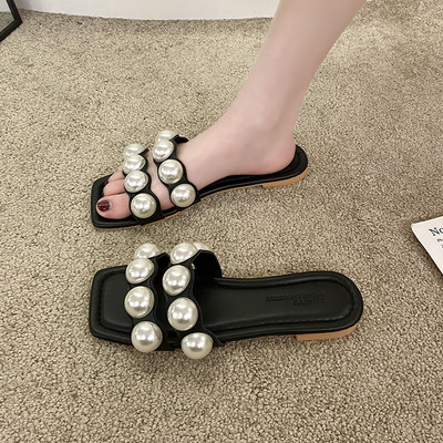 Papuci patrati dama cu perle din piele ecologica