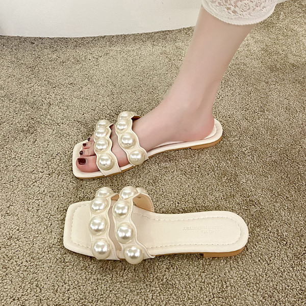 Papuci patrati dama cu perle din piele ecologica