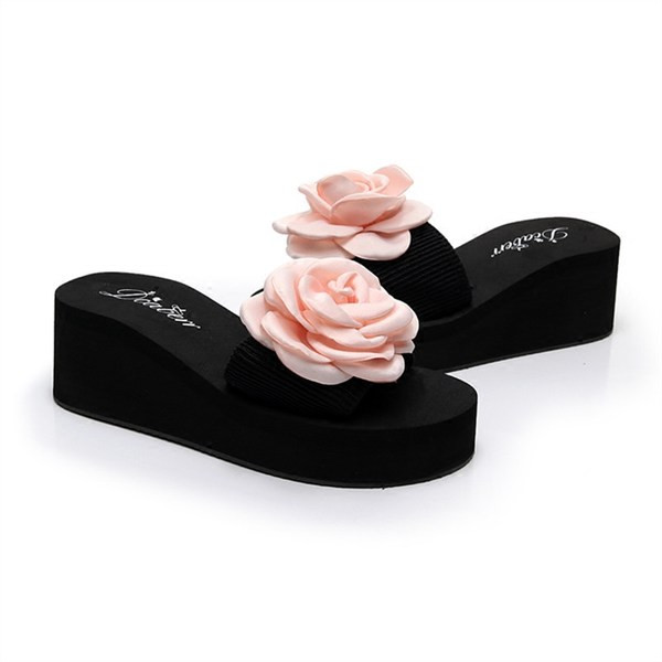 Papuci dama cu talpa de 6 cm si decor trandafiri