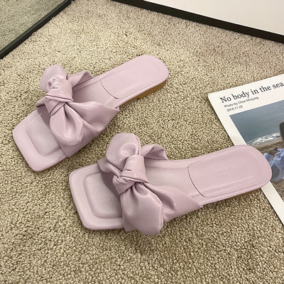 Papuci de dama din imitatie de piele cu panglica