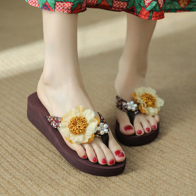 Papuci de damă cu floare 3D și platformă