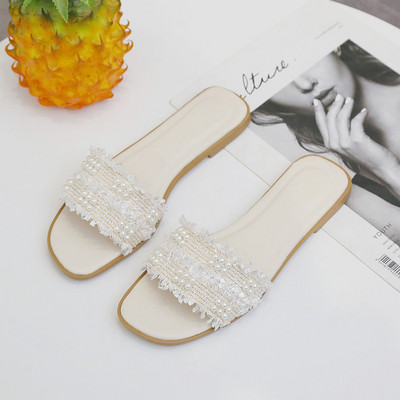 Papuci dama cu bretele textile si perle