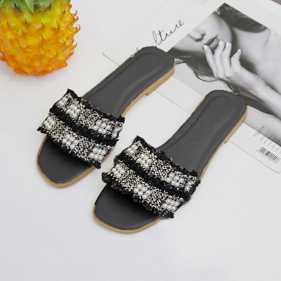 Papuci dama cu bretele textile si perle