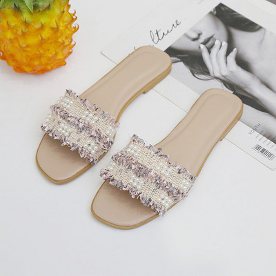 Papuci dama cu bretele textile si perle