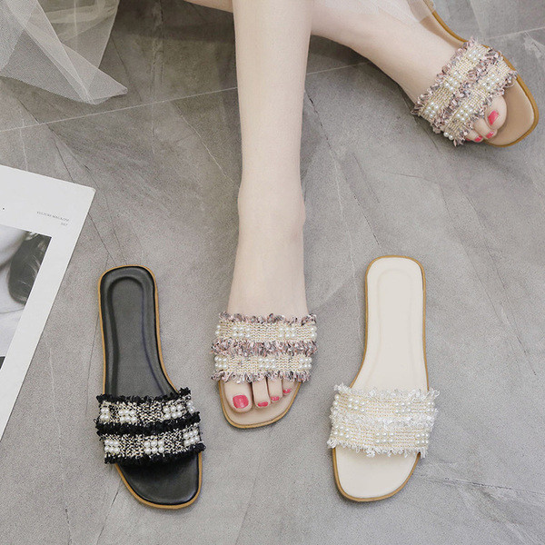 Papuci dama cu bretele textile si perle