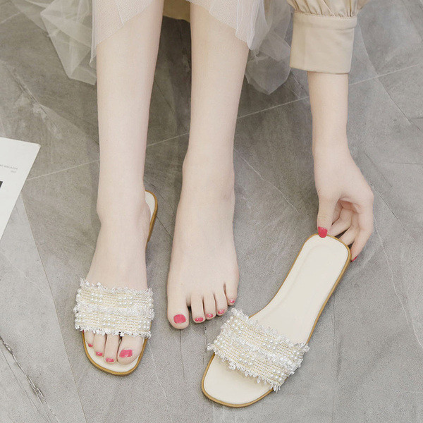 Papuci dama cu bretele textile si perle