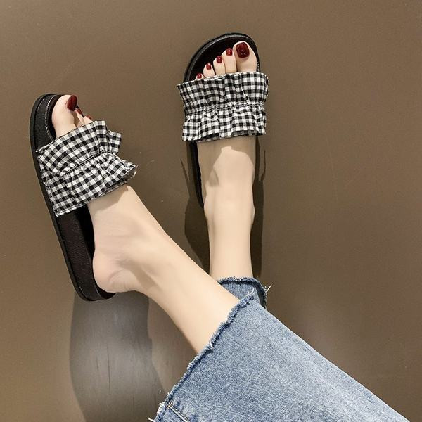 Papuci casual dama in carouri cu talpa plate