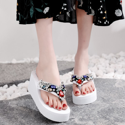 Papuci dama cu pietre colorate si platforma de 6 cm