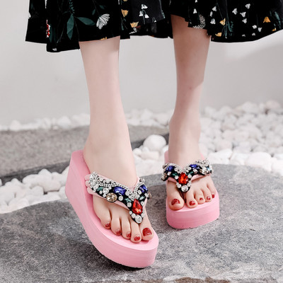 Papuci dama cu pietre colorate si platforma de 6 cm