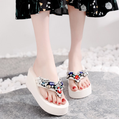 Papuci dama cu pietre colorate si platforma de 6 cm