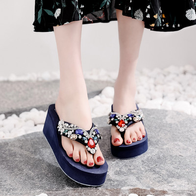 Papuci dama cu pietre colorate si platforma de 6 cm