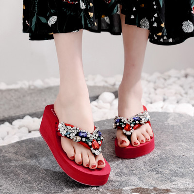 Papuci dama cu pietre colorate si platforma de 6 cm