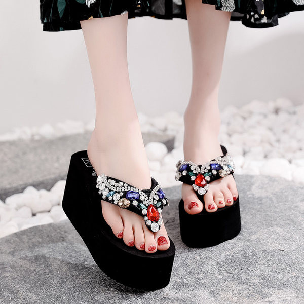 Papuci dama cu pietre colorate si platforma de 6 cm