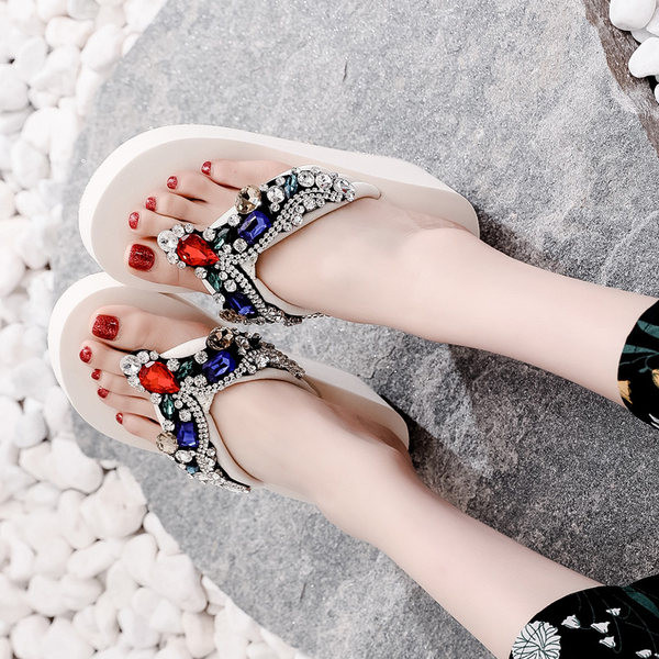 Papuci dama cu pietre colorate si platforma de 6 cm