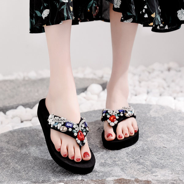 Papuci dama cu pietre colorate si platforma de 6 cm