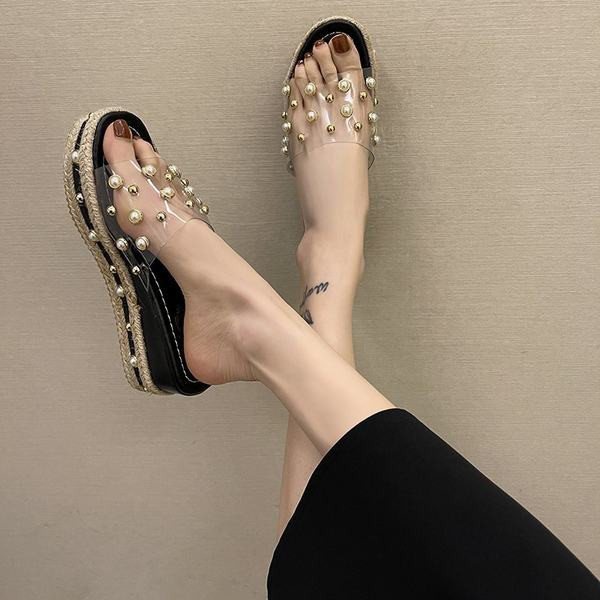 Papuci casual dama cu perle si platforma de 6 cm