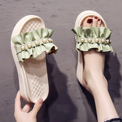 Papuci de damă cu talpă plată și perle - trei culori