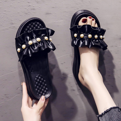 Papuci de damă cu talpă plată și perle - trei culori