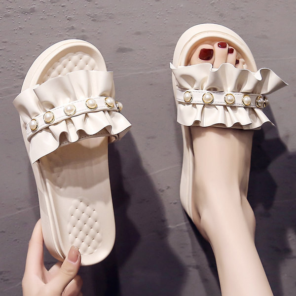 Papuci de damă cu talpă plată și perle - trei culori