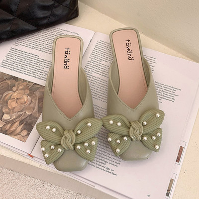 Papuci textile dama cu panglica si perle