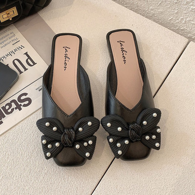 Papuci textile dama cu panglica si perle