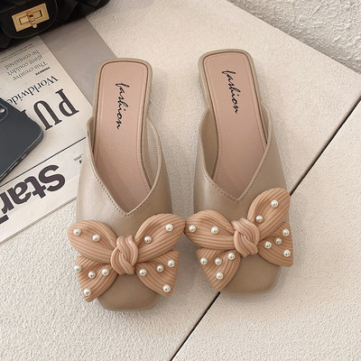 Papuci textile dama cu panglica si perle