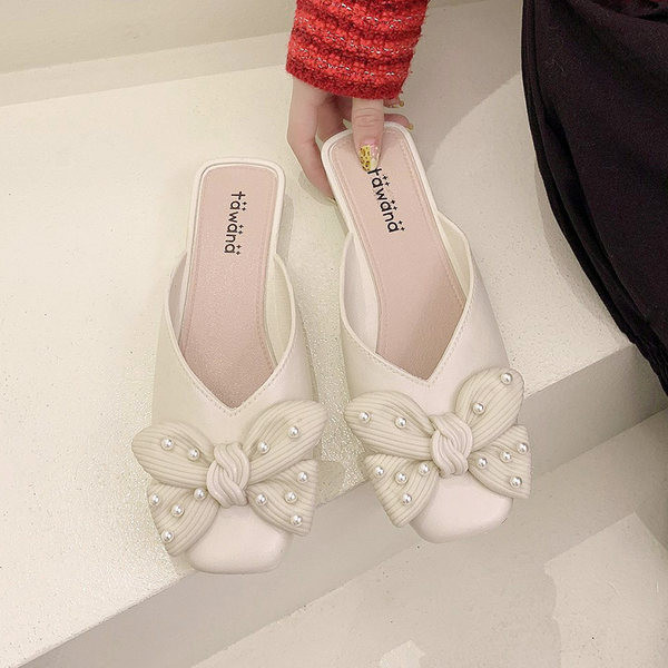 Papuci textile dama cu panglica si perle