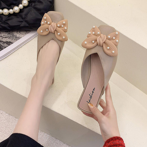 Papuci textile dama cu panglica si perle