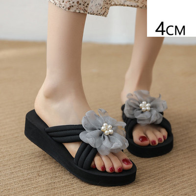 Papuci casual dama cu floare 3D si platforma