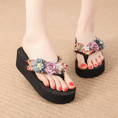 Γυναικείες παντόφλες με λουλούδια 3D και ψηλή σόλα