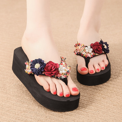 Γυναικείες παντόφλες με λουλούδια 3D και ψηλή σόλα