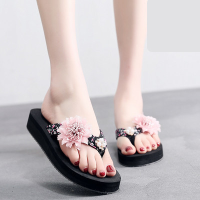 Papuci casual dama intre varf cu perle si decor floral