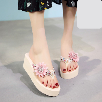 Papuci casual dama intre varf cu perle si decor floral