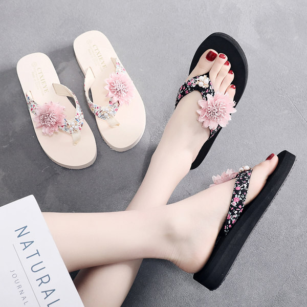 Papuci casual dama intre varf cu perle si decor floral