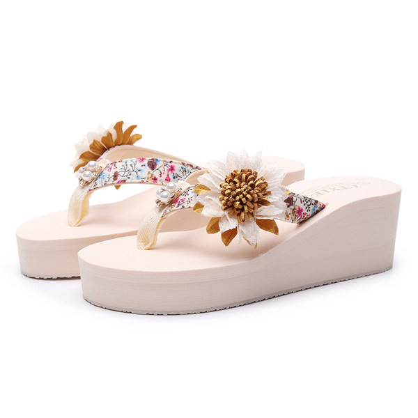 Papuci casual dama intre varf cu perle si decor floral