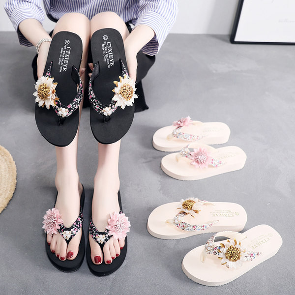 Papuci casual dama intre varf cu perle si decor floral