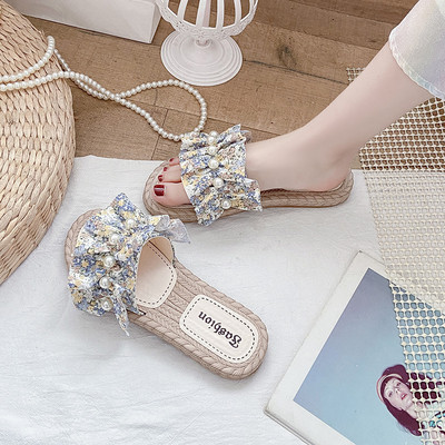 Γυναικείες παντόφλες casual με υφασμάτινα λουράκια και πέρλες