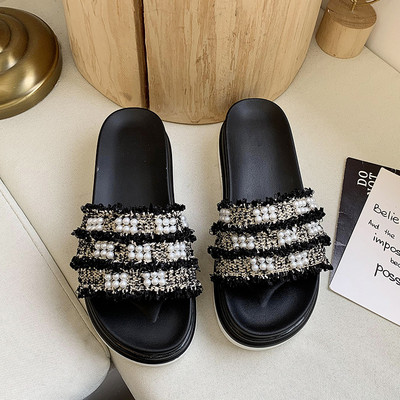 Papuci de dama cu platforma si bretele textile cu perle