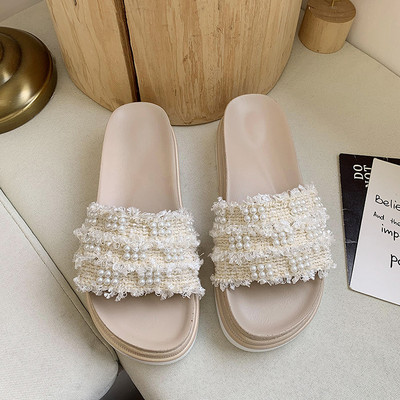 Papuci de dama cu platforma si bretele textile cu perle